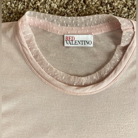 Red Valentino 100% modal pink short sleeve top wz floral bow & lace piping. XS. - Picture 4 of 10
